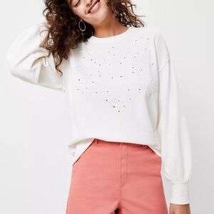 LOFT Cotton Eyelet Sweatshirt off white cream long sleeve Sz L New